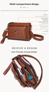 Detailed view of brown multi-layer crossbody bag with five zipper pockets and large capacity