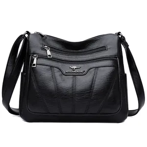 Bolso bandolera clásico de cuero PU negro con múltiples cremalleras y bordado elegante