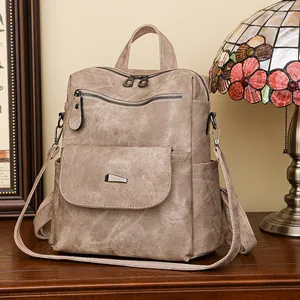 Vintage khaki large capacity travel backpack for women with multiple zip pockets
