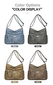 Four vintage faux leather crossbody bags shown in blue, grey, yellow, and brown colors