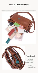 Detail view of multi-layer storage capacity showing phone and wallet inside the brown bag