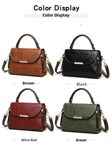 Detailed color display of vintage crossbody bags in brown, black, wine red, and green