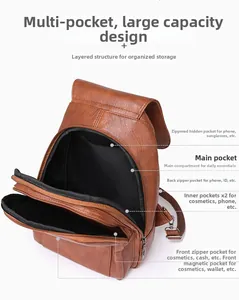 Innenstruktur des braunen PU-Lederrucksacks mit mehreren Staufächern und Taschen
