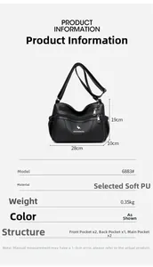 Detailed size chart showing 28x19x10cm dimensions for black multi-pocket PU leather bag