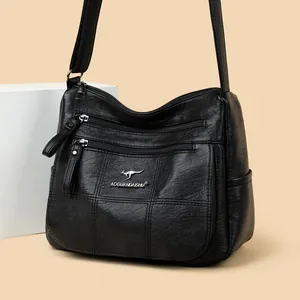 Large black crossbody bag with litchi grain leather and multi-zipper pockets for women