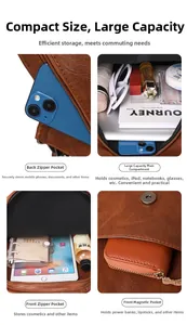 Braune Leder-Umhängetasche mit Reißverschlussfächern für iPad, Handy und Make-up-Stauraum