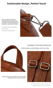 Detail eines braunen PU-Lederrucksacks mit Litschimuster und goldfarbenen Metallbeschlägen