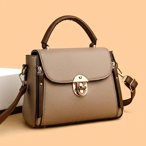 Sac Bandoulière Vintage en Cuir PU Grain de Galet pour Femmes Poignée Contrastée Quincaillerie Dorée Sac à Main Épaule