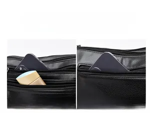 Detail view of the black textured leather bag with multiple zippers and storage compartments