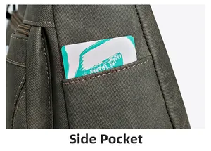 Close-up of functional side pocket on olive green canvas bag with reinforced stitching