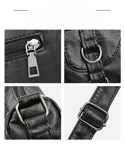 Détails des fermetures éclair argentées et pièces métalliques du sac en cuir noir
