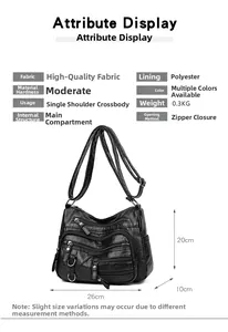 Spécifications de taille et dimensions 3D détaillées pour ce sac à main noir en cuir PU