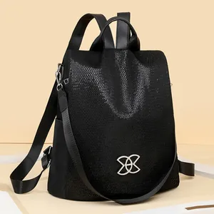 Multifunctional black women backpack with bow logo and sequins for fashion travel and school