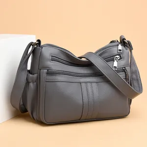 Borsa a tracolla grigia in pelle PU con tasche multiple a zip e cinturino largo