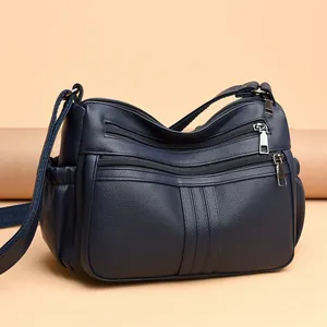 Borsa a tracolla blu navy in pelle PU capiente con cerniere e tracolla larga