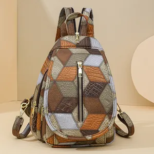 Retro patchwork faux leather backpack for women with geometric crocodile texture design