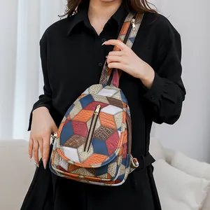 Colorful patchwork chest bag with crocodile texture and golden zippers for women