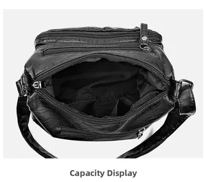 Vue de dessus du sac en cuir PU noir montrant trois compartiments zippés et poches