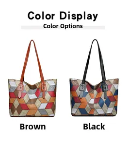 Comparación de bolsos tote marrón y negro con diseño geométrico de retazos coloridos