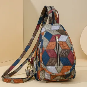Women Fashion Patchwork Backpack Multi-Functional Geometric Pattern PU Leather Chest Bag Large Capacity Casual Travel Shoulder Bag Gold Hardware