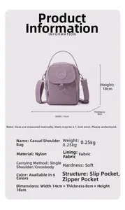 Détails des dimensions 14x8x18cm et poids 0,25kg du petit sac en nylon violet clair