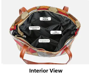 Vista interior del bolso tote de cuero grande con compartimento principal y cremallera