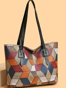 Bolso Tote de Patchwork Geométrico de Moda para Mujer Cuero PU Gran Capacidad Bolso de Hombro Patrón 3D Vintage Bolso de Diario
