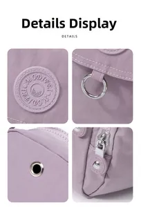 Détails en nylon violet, écusson en caoutchouc et fermetures éclair en métal de qualité