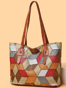 Bolso tote geométrico con bloques de color 3D y correas de cuero de alta calidad