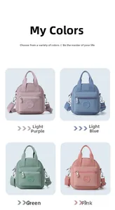Detalle de bolsos de nailon en colores lavanda, azul claro, verde y rosa pastel