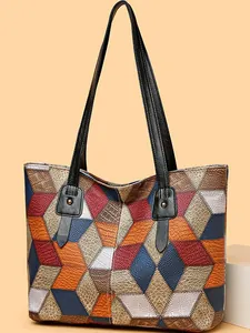 Bolso tote grande de cuero de moda con diseño de patchwork geométrico multicolor