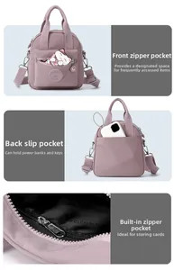 Detalle del bolso de nailon lila con bolsillos frontales, traseros e internos con cremallera