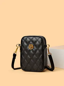 Sac pour Téléphone en Cuir de Vachette Véritable Matelassé Losanges pour Femmes Décor Fleur en Métal Sac Bandoulière