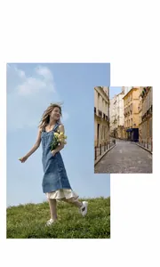 Modelo con vestido denim y bolso de hombro de nailon con flores en un parque soleado