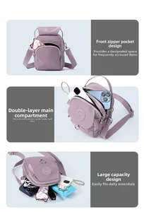 Détail du sac bandoulière en nylon avec trois compartiments zippés et bandoulière