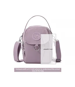 Mini sac bandoulière lavande en nylon avec plusieurs zips, adapté aux mobiles 6,1 pouces
