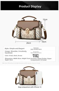 Detailed retro wave pattern handbag size guide with dimensions 20x15x10cm and leather trim