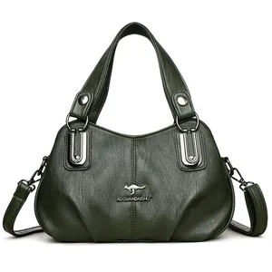 Dark green leather handbag for women featuring a kangaroo logo and adjustable shoulder strap