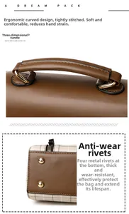 Detail of ergonomic curved handle and protective bottom metal rivets on brown plaid handbag