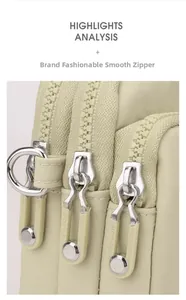 Detail of three-layer silver metal zippers on olive nylon crossbody small bag