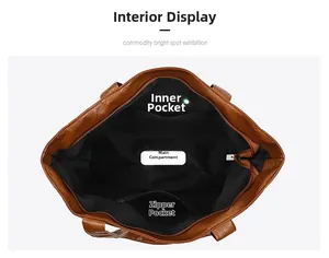 Interior layout of large brown tote bag showing main compartment and zipper pockets