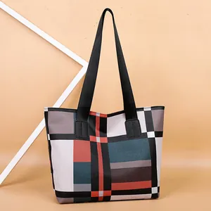 Women Large Capacity Geometric Plaid Tote Bag Oxford Cloth Patchwork Shoulder Bag Casual Daily Work Commute Fashion Handbag