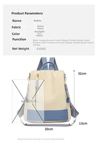 Guide des tailles du sac à dos antivol montrant dimensions et format A4