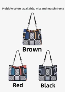 Detailed comparison of rhombus quilted tote bags in brown, red, and black with chain straps