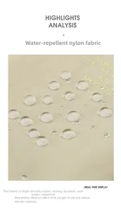 Close-up of waterproof high-density nylon fabric in beige with detailed water droplets