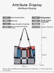 Detail view of rhombic pattern tote bag with dimensions and technical specifications