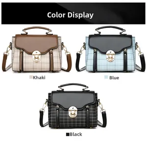 Detailed comparison of vintage plaid crossbody bags in khaki, blue, and black leather styles