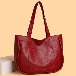Classic burgundy lychee pattern faux leather tote bag with large front pocket for women