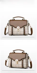 Detailed front and side views of a vintage plaid crossbody bag with a gold metal clasp