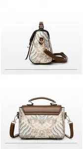 Detail of embroidered jacquard fabric and brown leather trim on a vintage style handbag